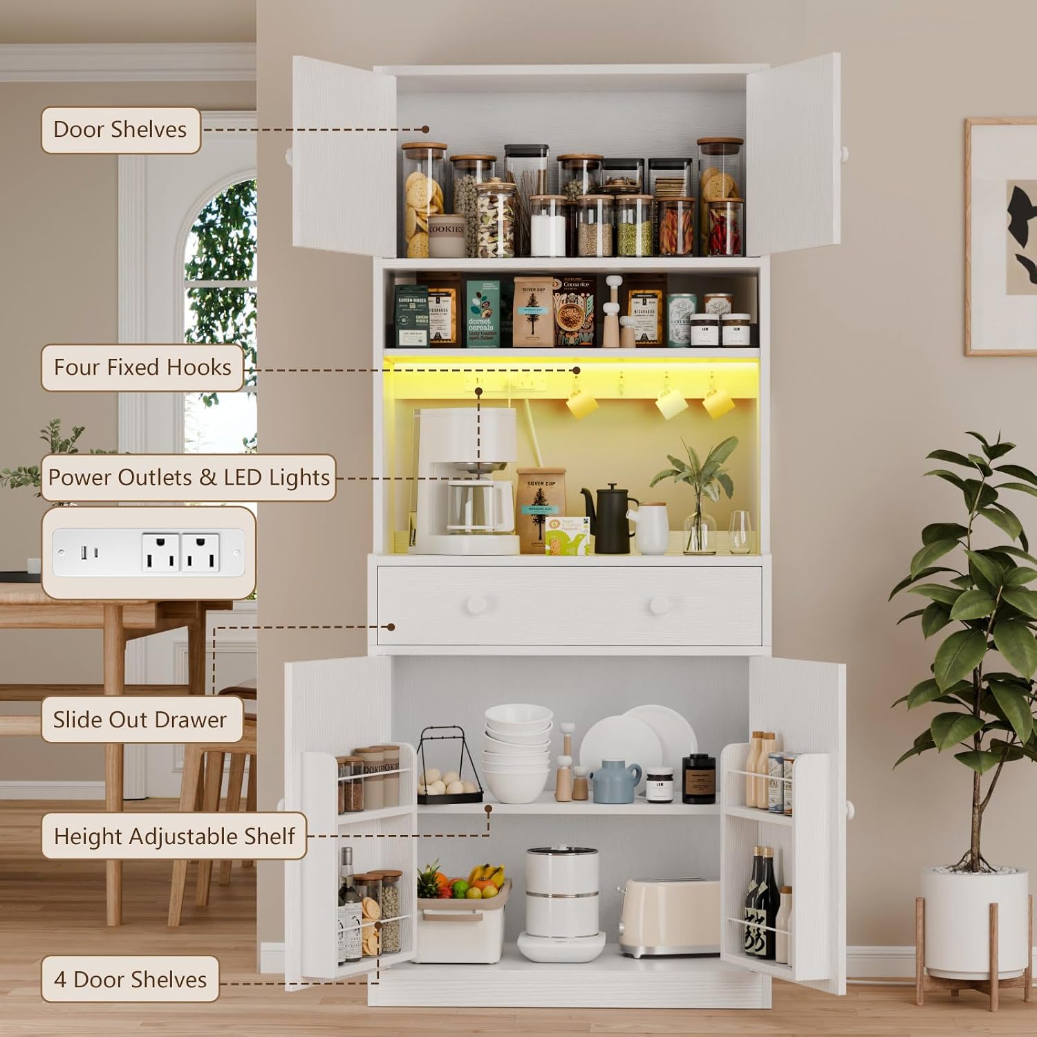 Korfile 71" Tall Kitchen Pantry Storage Cabinet With Power Outlet & Led Light, Freestanding Food Pantry Cabinet With 4 Doors And Shelves, Cupboard With Drawer, Hutch With Microwave Stand, White