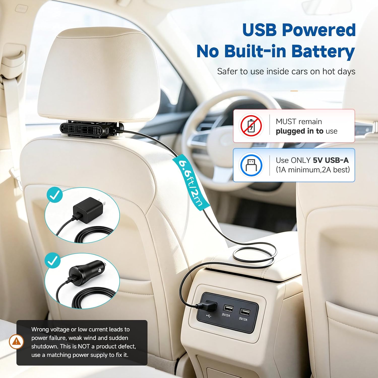 Elftrip Car Seat Fan With Dual Air Outlets, Corded Usb Car Fans For Kids For Driver Passenger, Stronger 3 Speeds, Forward Or Backward Airflow, Fits In Most Car Suv (1 Pack No Recharge Plug-In To Work)