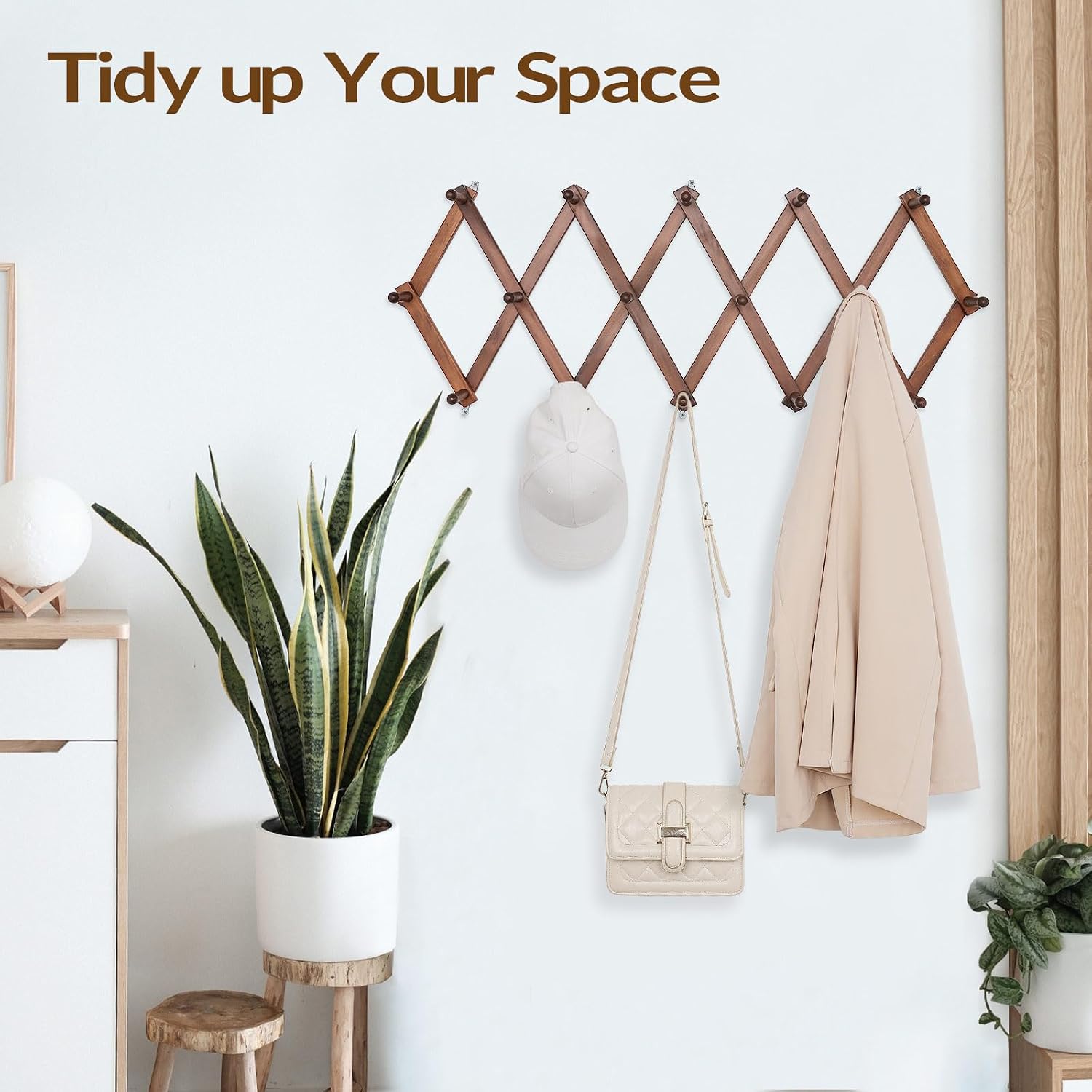 Hat Rack For Wall, Expandable Wall Hat Holder With 16 Hooks, 16 Inch Wooden Wall Hook For Baseball Caps,Cowboy, Bag,Hoodie(Brown)
