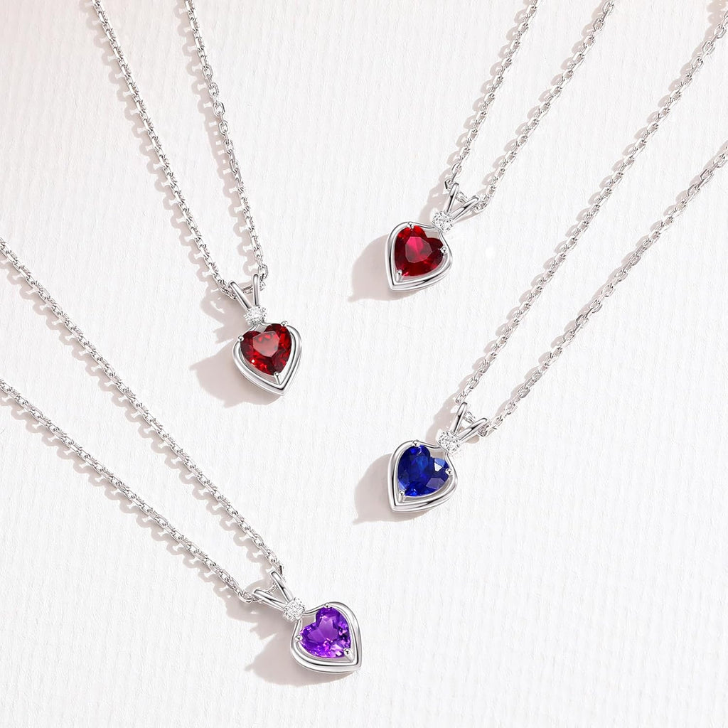 FANCIME 14K Solid White Gold Heart Birthstone Necklace for Women with lab-grown diamond Pendant Birthday Gifts for Mom Women Sterling Silver Chain 16" + 2" Extender