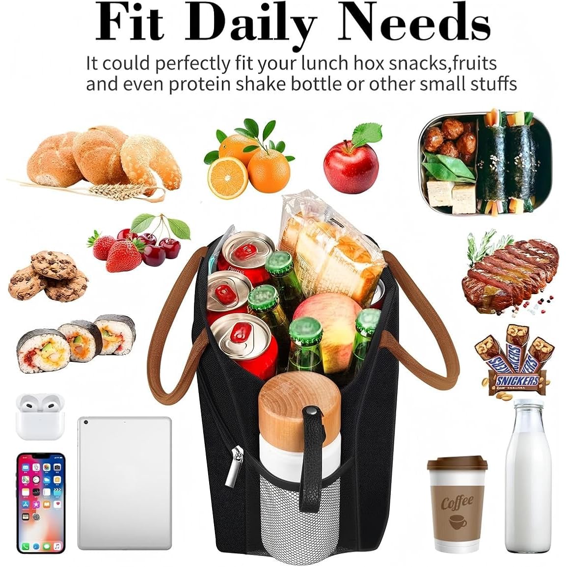 Lunch Box Lunch Bag For Women Men,Reusable Cute Lunch Pail Bag,Leakproof,Insulated Lunchbox Tote Compact 10L, Cooler Lunch Container For Work Travel Office (Black)