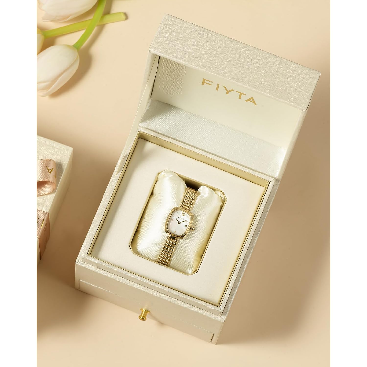 Fiyta Women'S Watch - Elegant Gold Small Square Luxury Watch With Sapphire Crystal; 316L Stainless Steel Jewelry Bracelet, Timeless Gift For Her, Mother'S Day, Gift Box Included