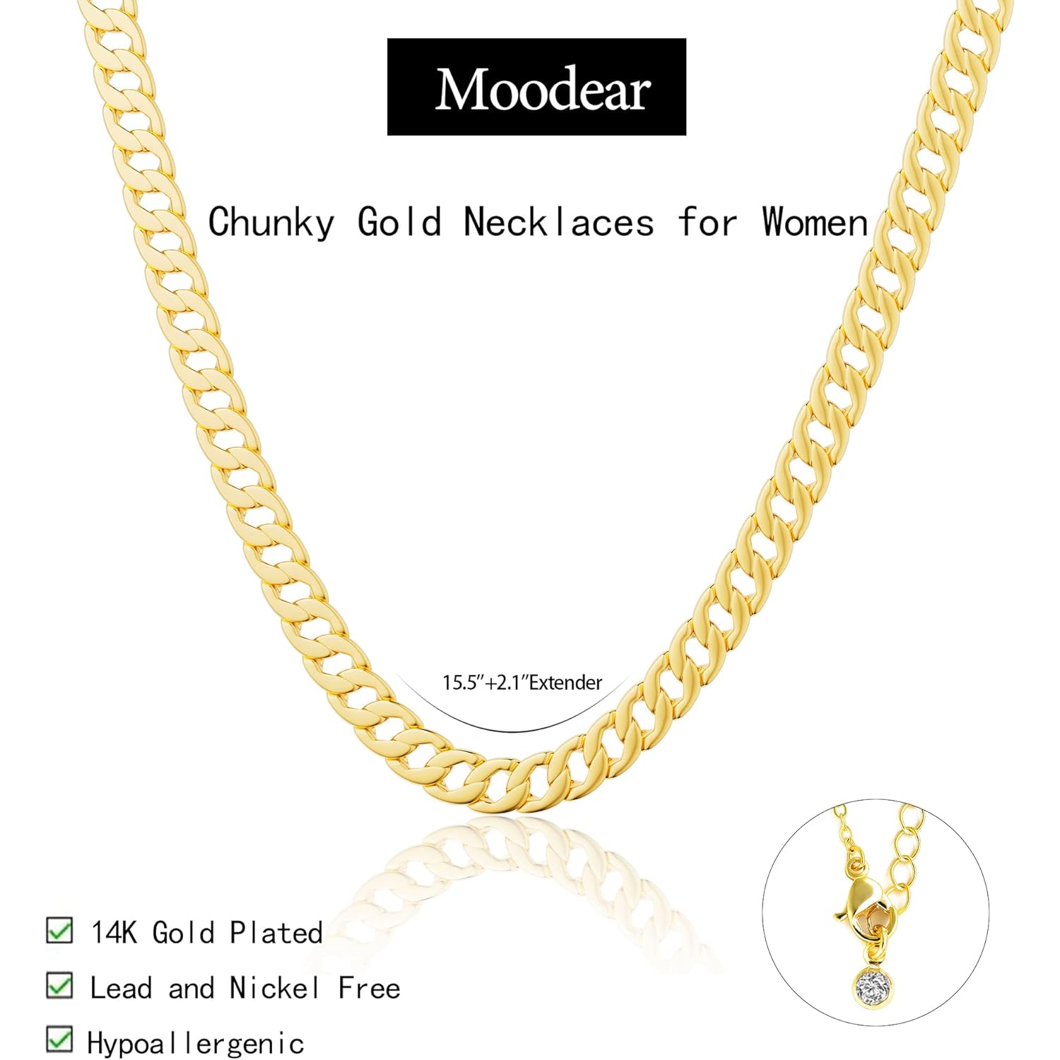 Moodear Gold Necklace for Women Dainty Chunky 14K Gold Plated/Sliver Plated Chain Necklace Cuban Link Paperclip Chain Choker Toggle Clasp Layered Necklace for Women Trendy Fashion Gift