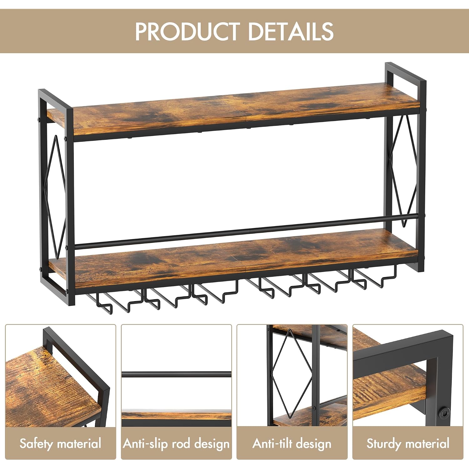 Wall Mounted Wine Rack With Led Light, 31.5" Bar Liquor Shelves With Glass Holder, Metal Hanging Bar Shelves Wine Storage Rack Display For Kitchen Home Bar Dining Room Living Room