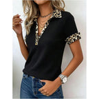 Soly Hux Women'S Leopard T Shirt Collared V Neck Short Sleeve Ribbed Knit Tee Fitted Summer Casual Tops