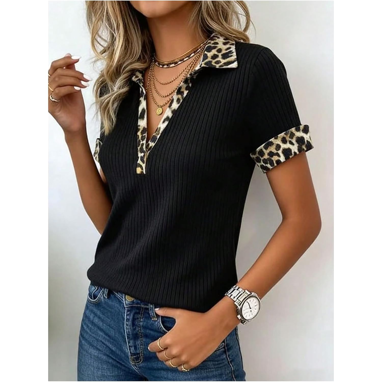 Soly Hux Women'S Leopard T Shirt Collared V Neck Short Sleeve Ribbed Knit Tee Fitted Summer Casual Tops