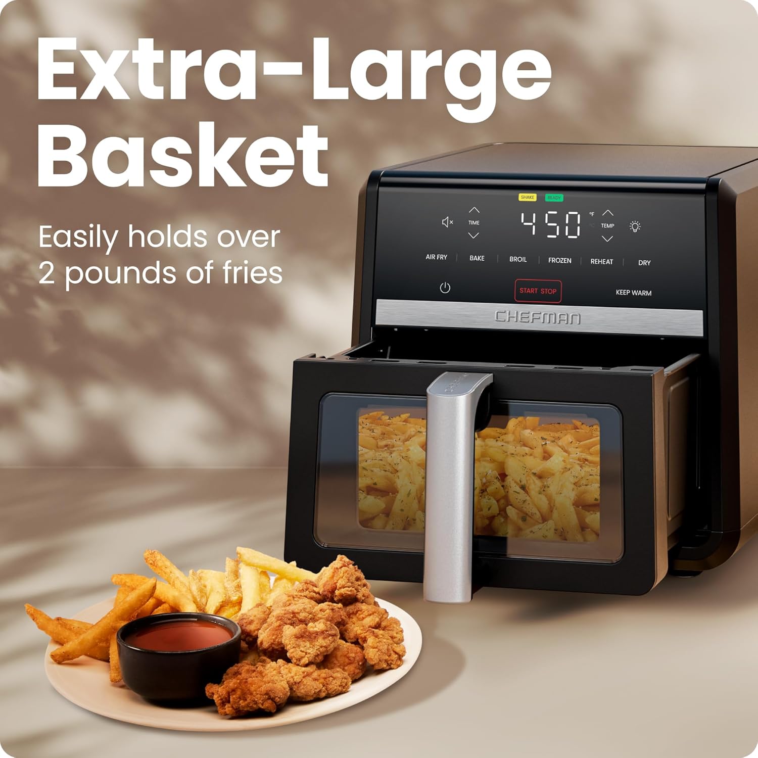 Chefman Air Fryer 9 Qt | TurboFry 7-in-1 High-Powered 450°F Cooking for Crispier and Even Results | XL Basket with Viewing Window | Air Fry, Bake, Broil, Reheat, Dehydrate, Defrost, Keep Warm