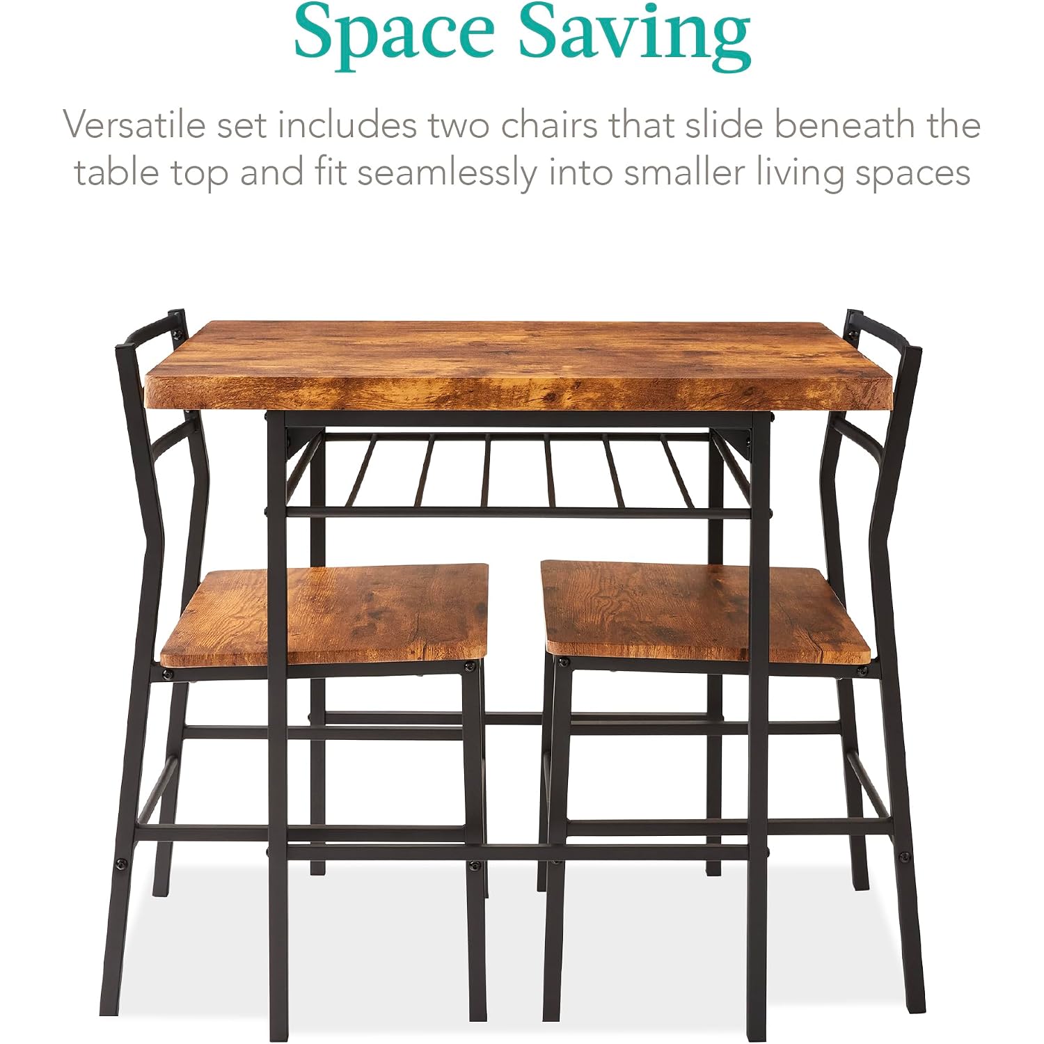 Best Choice Products 3-Piece Modern Dining Set, Space Saving Dinette For Kitchen, Dining Room, Small Space W/Steel Frame, Built-In Storage Rack - Medium Brown/Black
