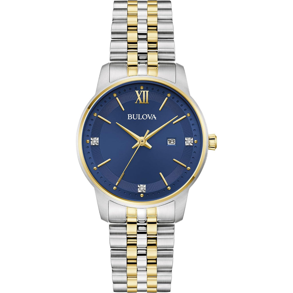 Bulova Ladies Classic 3-Hand Diamond Quartz Two Tone Stainless Steel Watch, Blue Dial Style:98P233