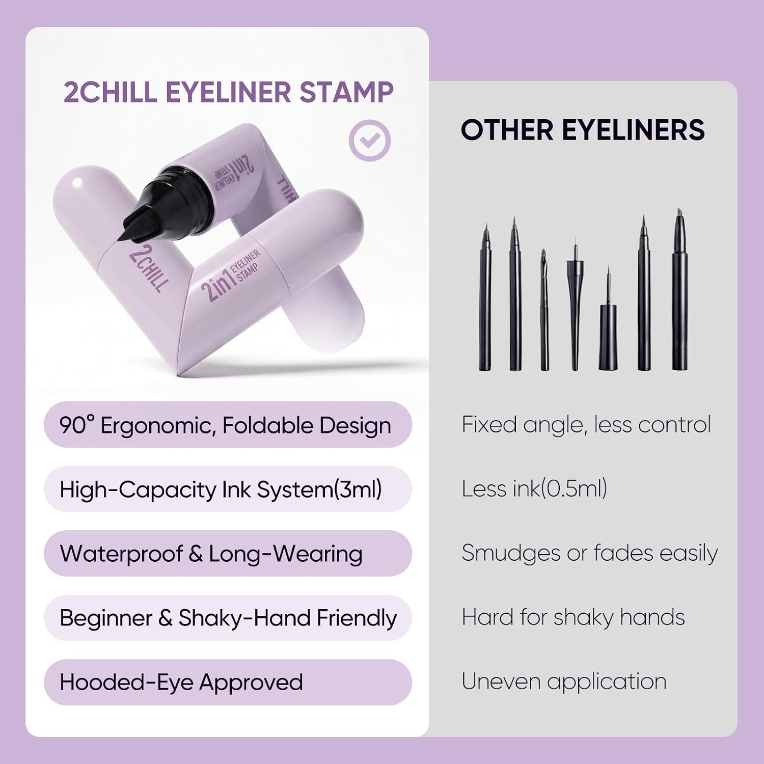 2Chill 2-Pack Rotating Eyeliner Stamp Pen, Dual-Ended Winged Eyeliner Stamp, Cat Eye Tool, Waterproof & Smudge-Proof, Long-Lasting Make Up, Matte Finish, Liquid Eyeliner For Beginners, Black & Brown
