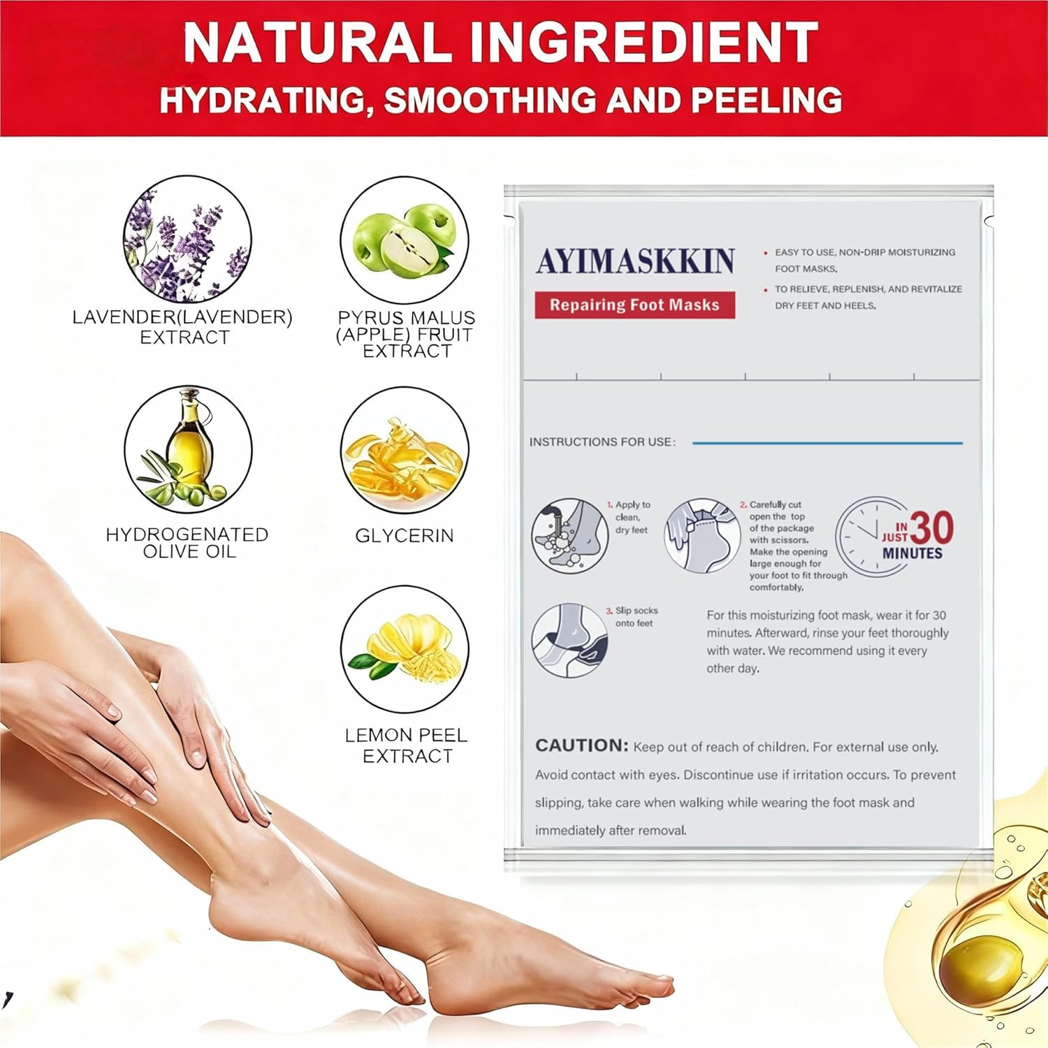 Foot Masks for Dry Cracked Feet, Lavender Moisturizing Socks - Intensive Hydrating Foot Care & Cracked Heel Treatment, 5 Pairs