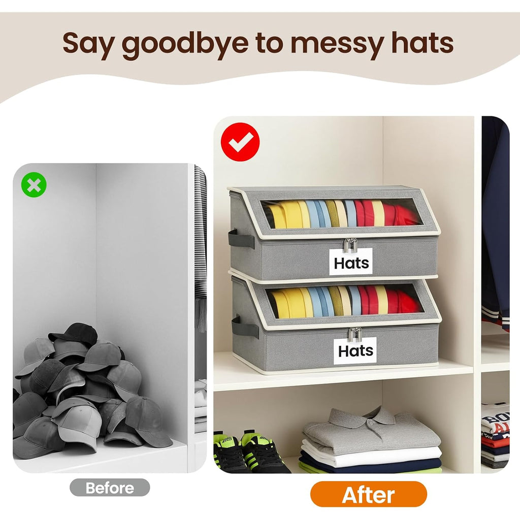 Hat Organizer For Baseball Caps, 2-Pack Stackable Hat Storage Box Holds 30 Caps, Foldable Cardboard Holder With Clear Dust-Proof Window For Closet, Grey