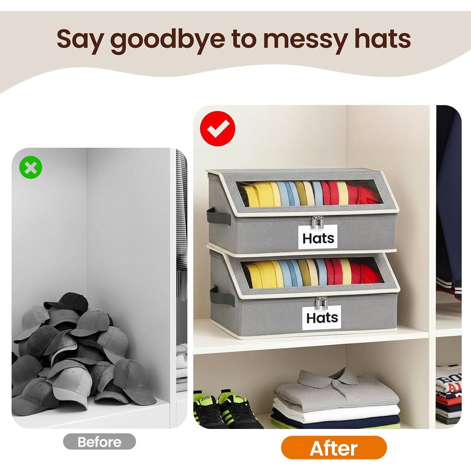 Hat Organizer For Baseball Caps, 2-Pack Stackable Hat Storage Box Holds 30 Caps, Foldable Cardboard Holder With Clear Dust-Proof Window For Closet, Grey