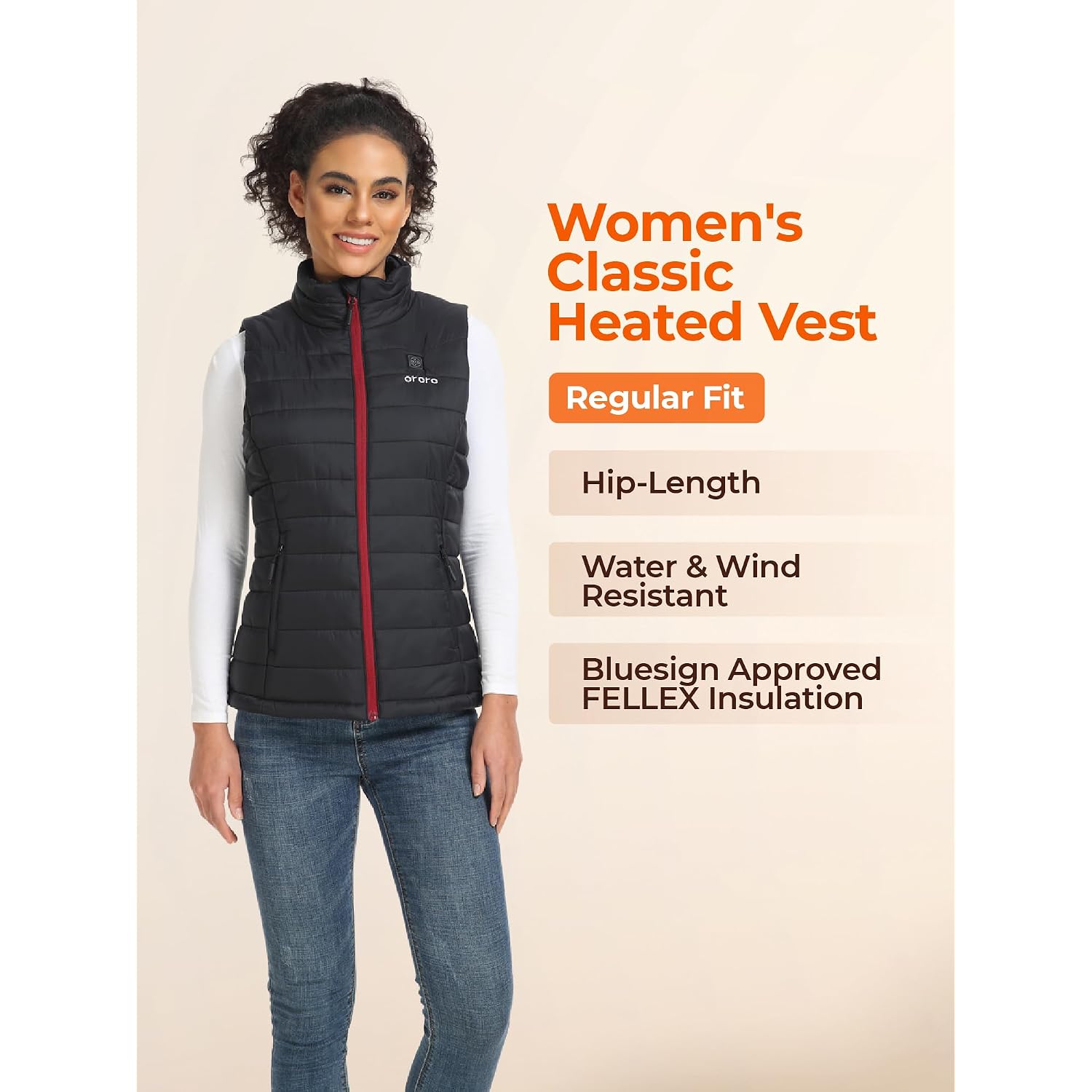 Ororo Women’S Heated Vest, 4 Heating Zones Lightweight Electric Vest | Classic Design With Fellex Insulation, Wind And Water Resistant Shell, Rechargeable Battery Included For Daily Winter Comfort
