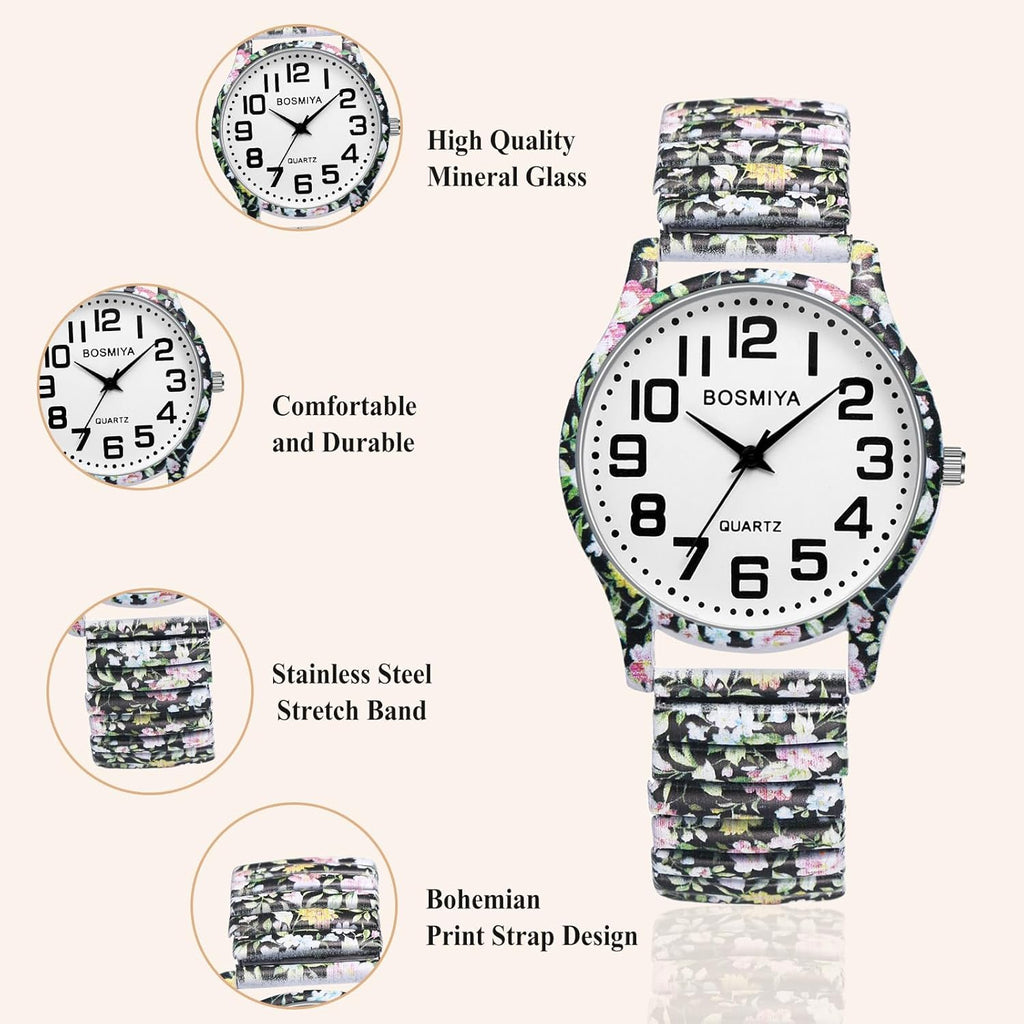 OIDEA Stretch Band Watches for Women: Bohemia Easy Reader Elastic Watch Large Face Big Number Analog Quartz Bracelet Watch Expansion Band Wristwatch
