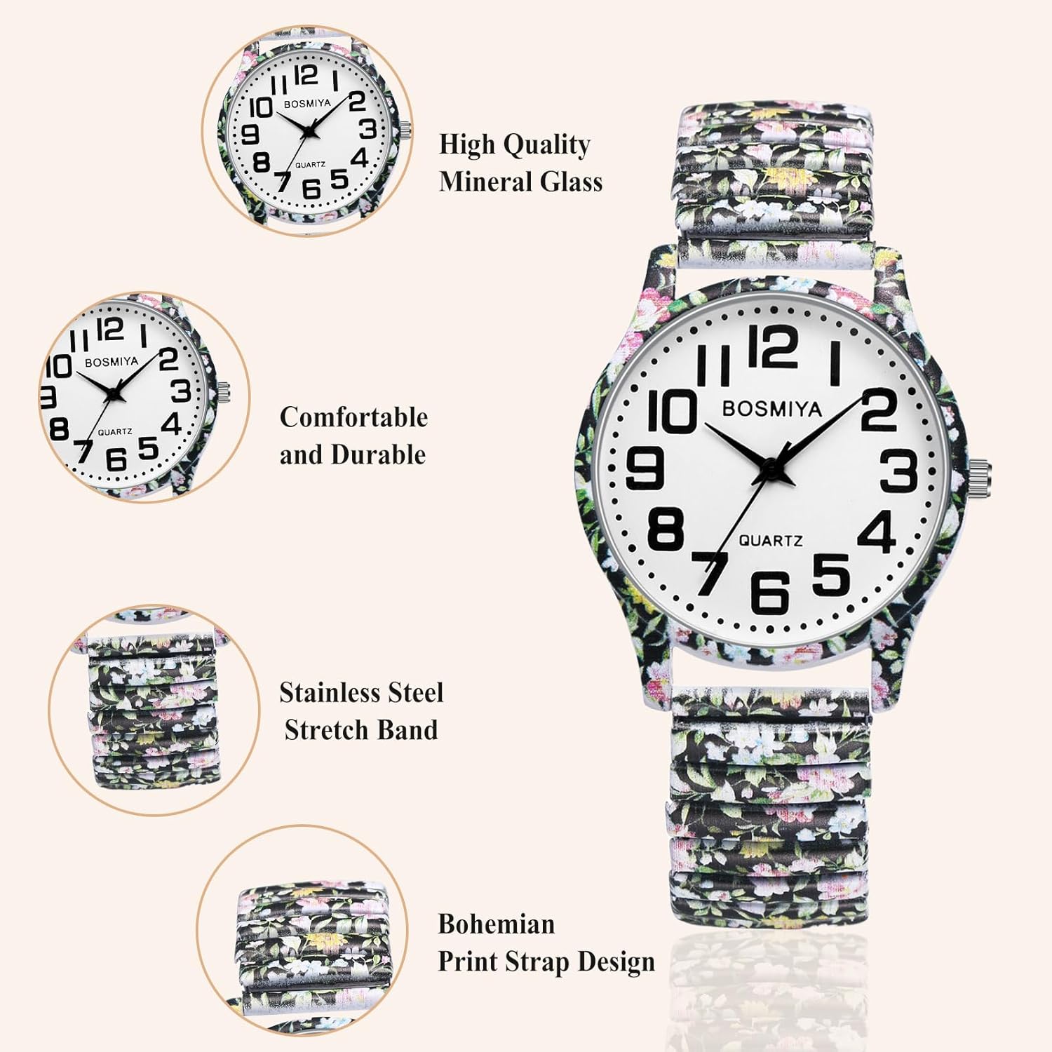 OIDEA Stretch Band Watches for Women: Bohemia Easy Reader Elastic Watch Large Face Big Number Analog Quartz Bracelet Watch Expansion Band Wristwatch
