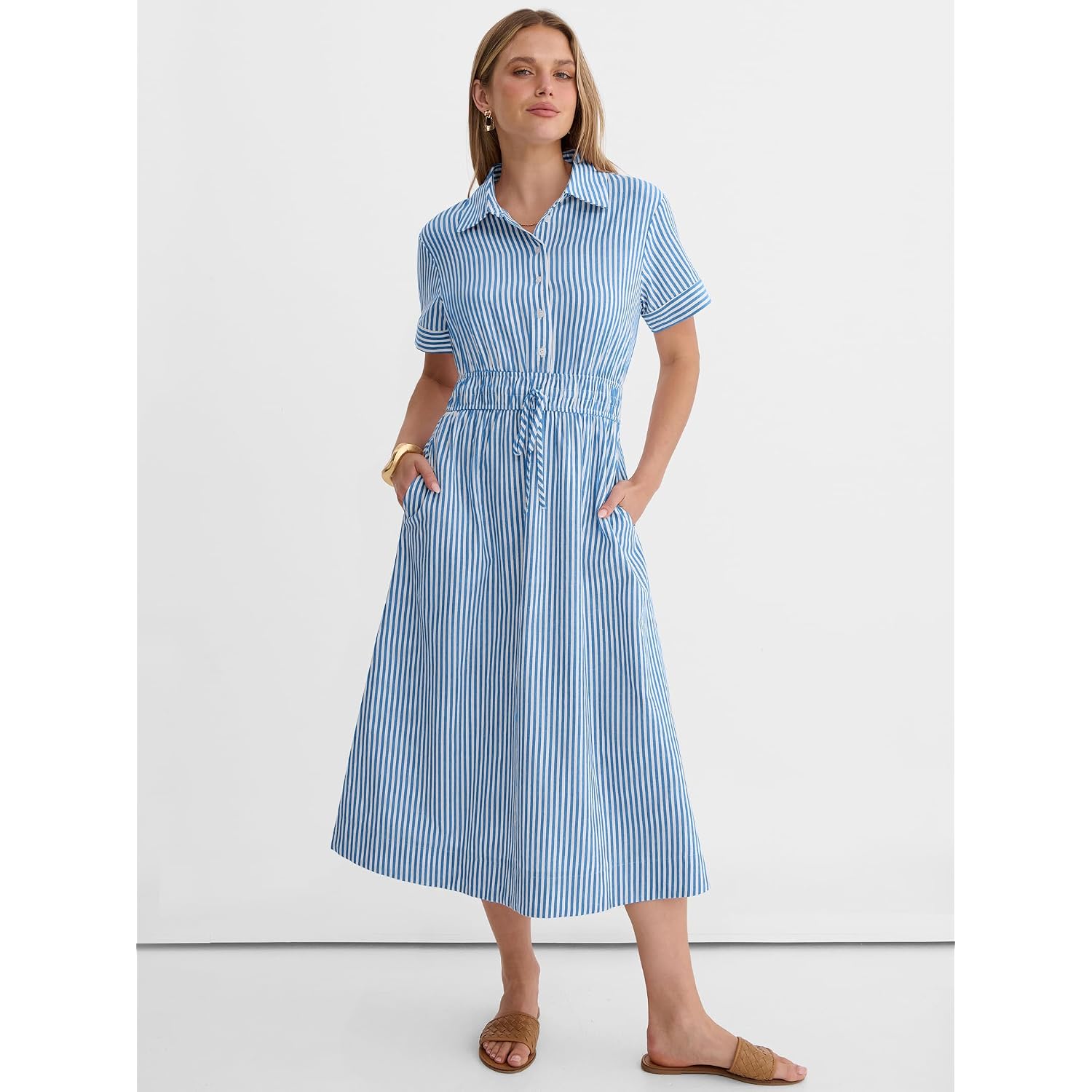Anrabess Women Summer Short Sleeve Midi Dress, Striped & Gingham, Casual A-Line Button Collar Shirt Dress, Beach & Vacation