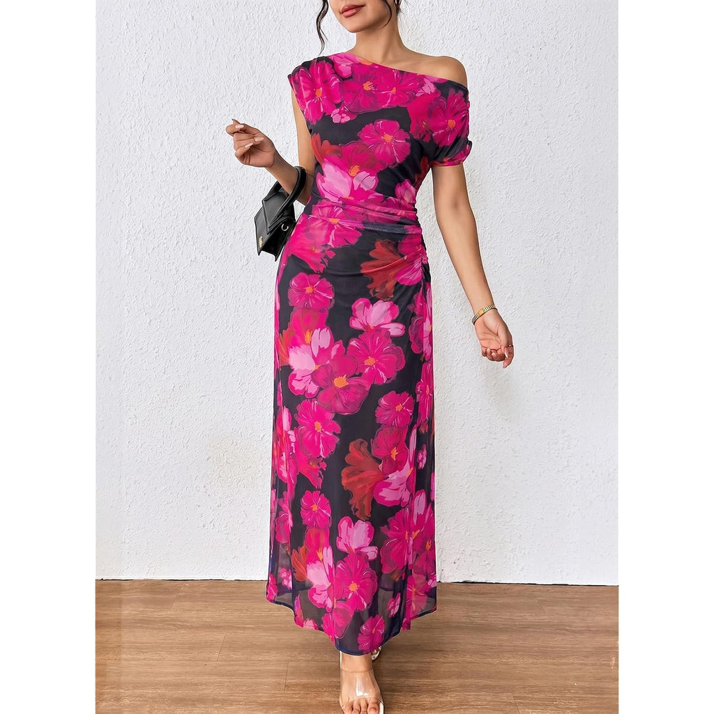 Blencot Women'S Floral Off Shoulder Maxi Dress Ruched Bodycon Summer Wedding Guest Party Gown