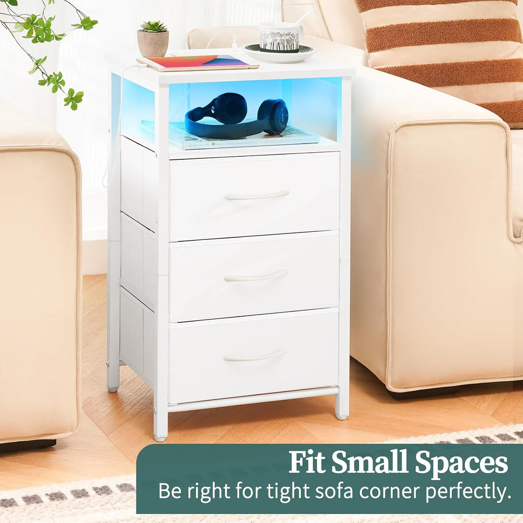 Yoobure Night Stand With Charging Station, 16 Colors Led Nightstand With Usb Ports And Outlets, End Table With 3 Fabric Drawers And Storage Shelf, Bedside Tables Small Dresser For Small Space White