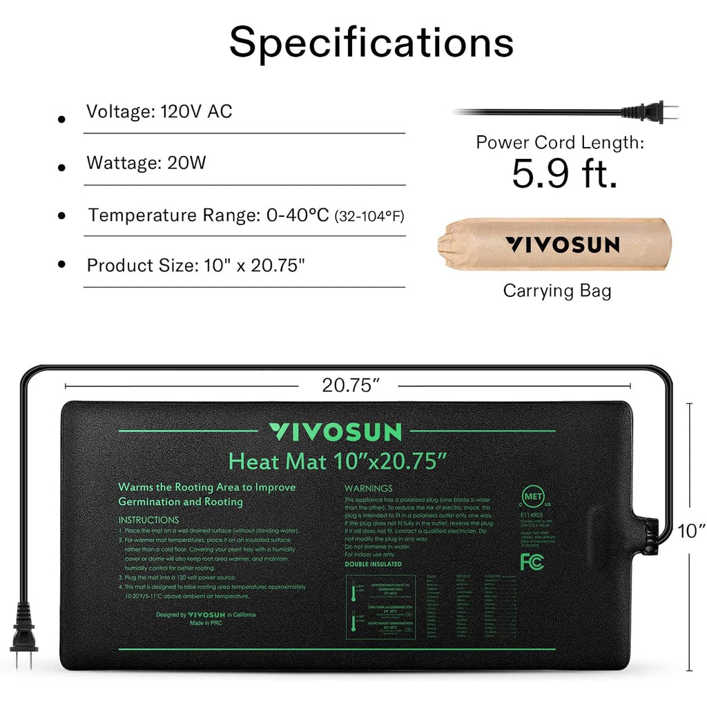 Vivosun 10" X 20.75" Durable Waterproof Seedling Heat Mat | Ul & Met-Certified Warm Hydroponic Heating Pad For Germination, Indoor Gardening, Greenhouse