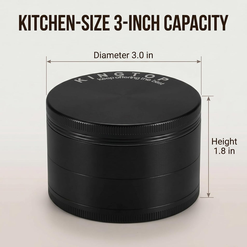 Kingtop Grinder, Large 3" Zinc Alloy Spice Grinder (Black)