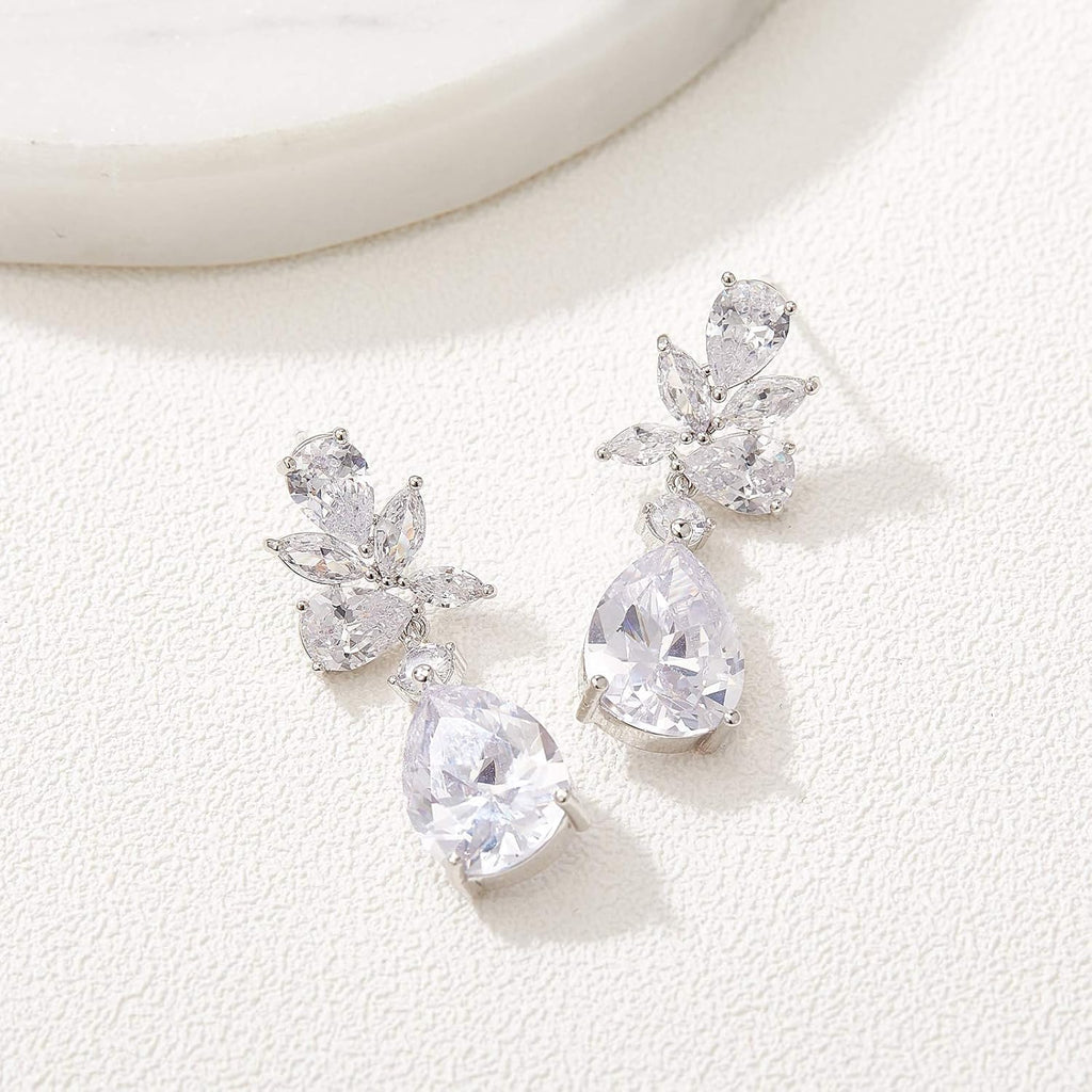 SWEETV Elegant Bridal Wedding Earrings for Brides, Bridesmaids, Cubic Zirconia Teardrop Dangle Earrings for Women Formal Jewelry