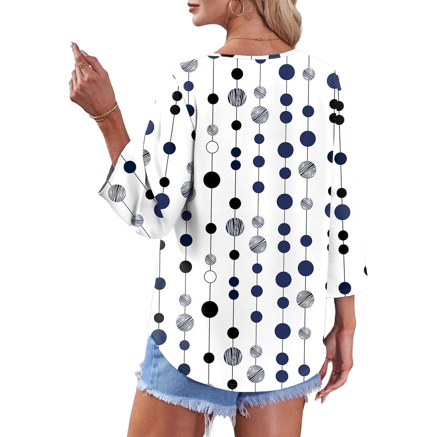 Ofeefan Button Down Shirts For Women 3/4 Length Sleeve Tops V Neck Blouses Business Casual Outfits Loose Fit
