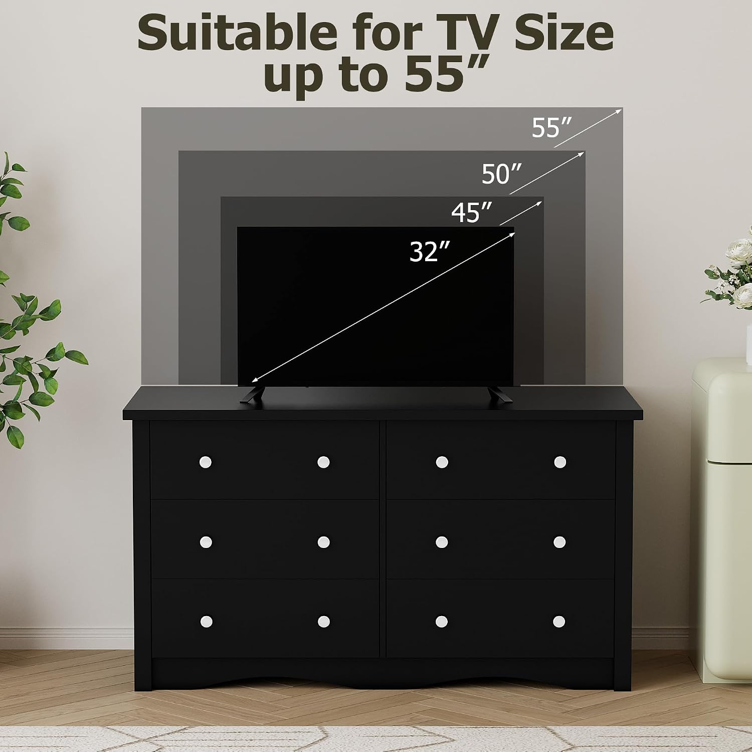 Shahoo Black Dresser For Bedroom With 6 Drawers, 47.2" Wide Chest Storage Organizer And Tv Stand For Living Room, Closet, Hallway, Dormitory
