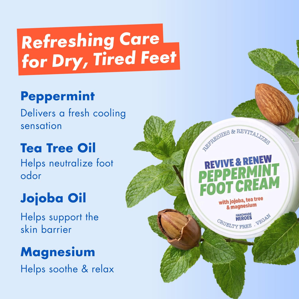 Handmade Heroes Revive & Renew Peppermint Foot Cream with Jojoba & Magnesium - Cooling Foot Relief for Tired, Dry Feet, Rough Heels & Calluses, 1.7 oz