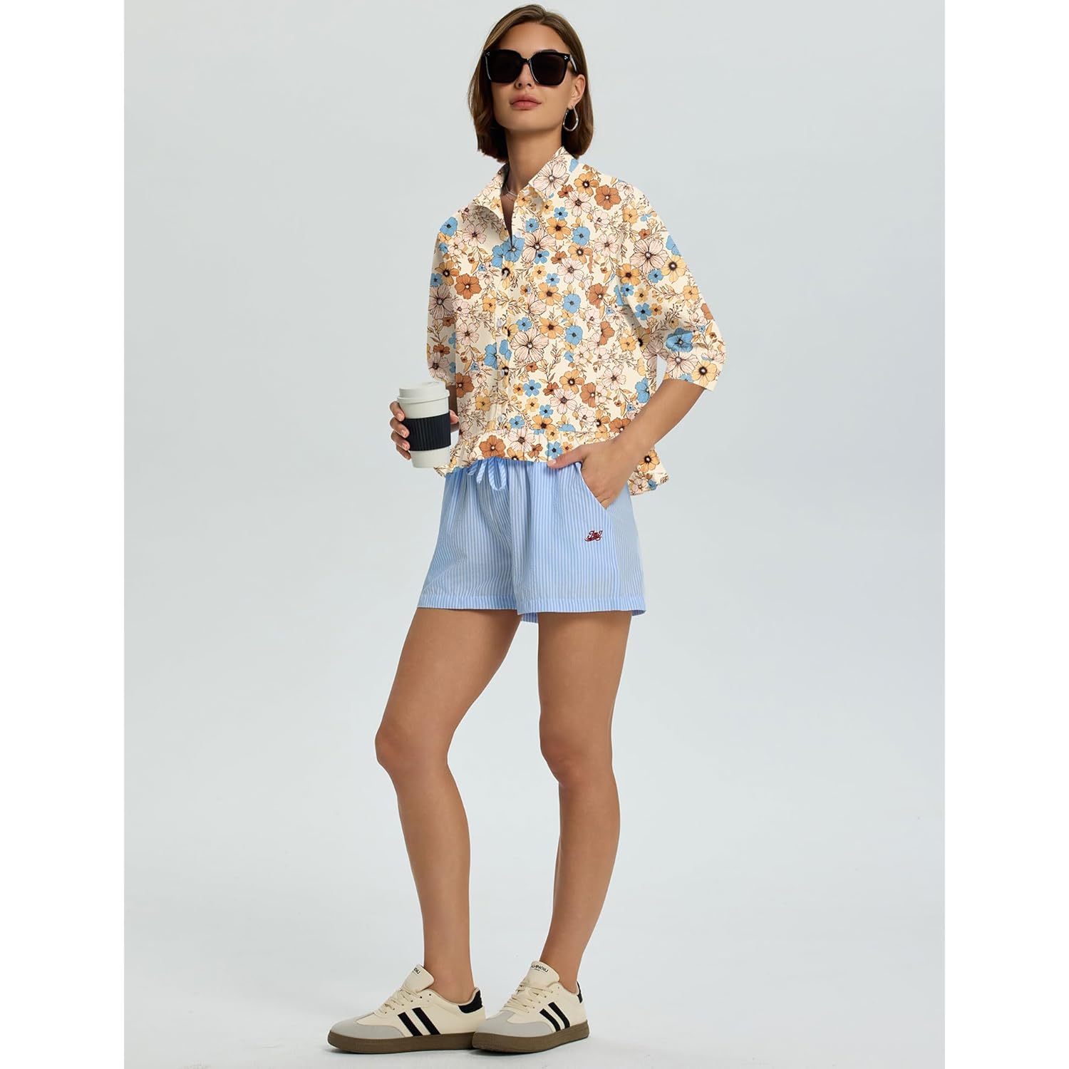 Womens 3/4 Sleeve Button Down Tops Dressy Casual Collared Shirts Blouses Ruffle Babydoll Tops Loose Fit