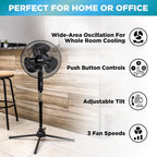 Comfort Zone Electric Oscillating Pedestal Fan, Stand Fan, 16 Inch, 3 Speed, 90 Degree Oscillating Head, Adjustable Height And Tilt, Airflow 7.48 Ft/Sec, Ideal For Home, Bedroom & Office, Czst161Btebk