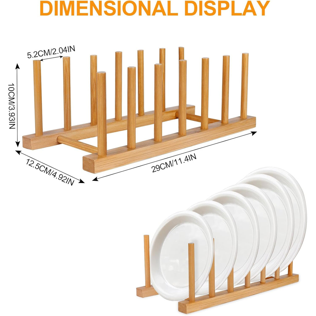 Bamboo Wooden Dish Racks Plate Stand Holder Vertical Drainer Kitchen Cabinet Organizer For Dish, Pots, Lids, Bowls, Cups, And Cutting Boards And Books(2 Packs)