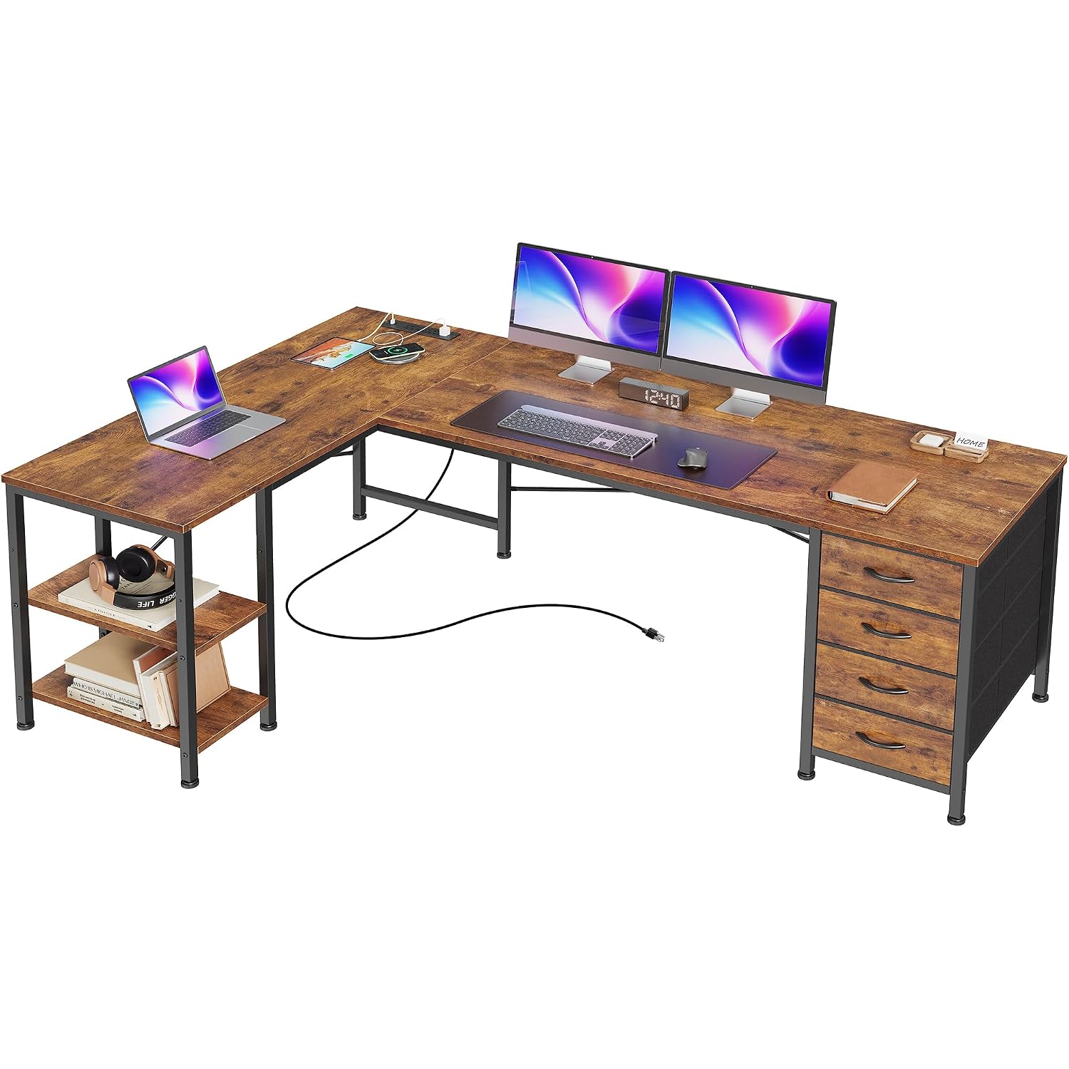 Huuger 55 Inch L Shaped Desk With Fabric Drawers, Reversible Computer Gaming Desk With Power Outlets And Usb-C Port, Adjustable Side Storage Shelves, For Work Corner Home Office, Rustic Brown
