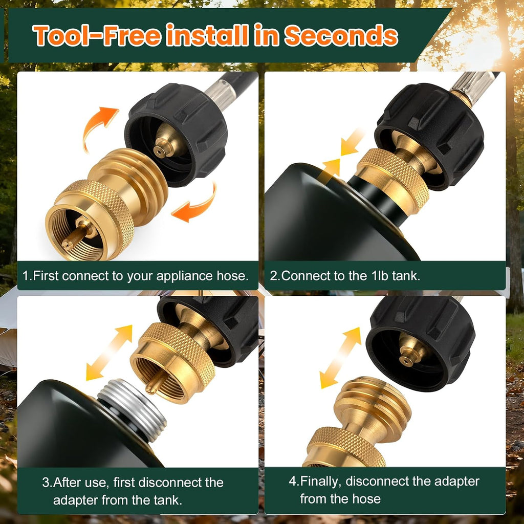 1Lb Propane Tank Adapter, Propane Adapter 20Lb To 1Lb Converter, Universal Qcc-1 & P.O.L. Connections, Solid Brass, Bbq Grills, Camping Stoves, Leak-Proof Outdoor Propane Accessory