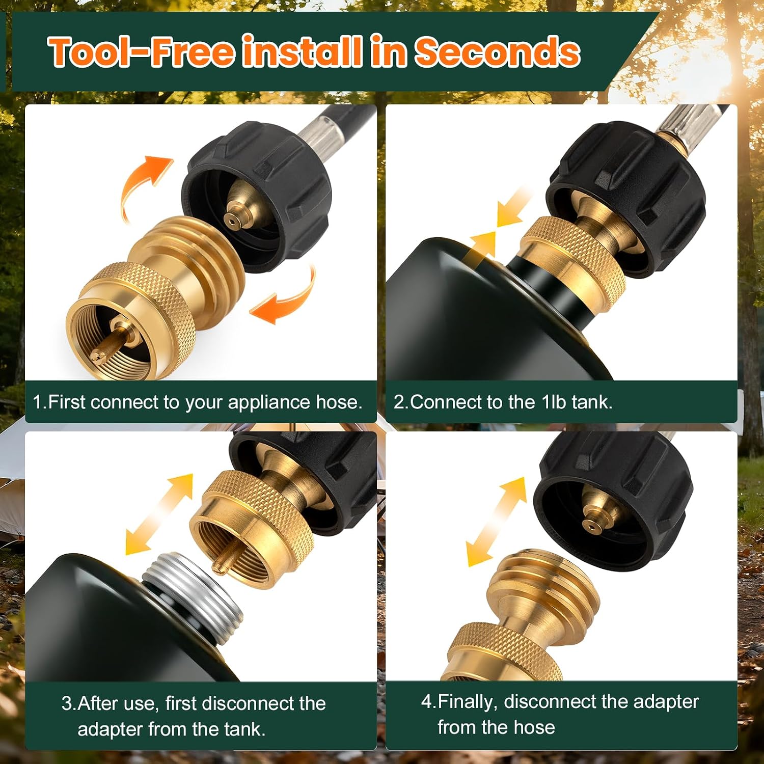 1Lb Propane Tank Adapter, Propane Adapter 20Lb To 1Lb Converter, Universal Qcc-1 & P.O.L. Connections, Solid Brass, Bbq Grills, Camping Stoves, Leak-Proof Outdoor Propane Accessory
