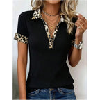 Soly Hux Women'S Leopard T Shirt Collared V Neck Short Sleeve Ribbed Knit Tee Fitted Summer Casual Tops