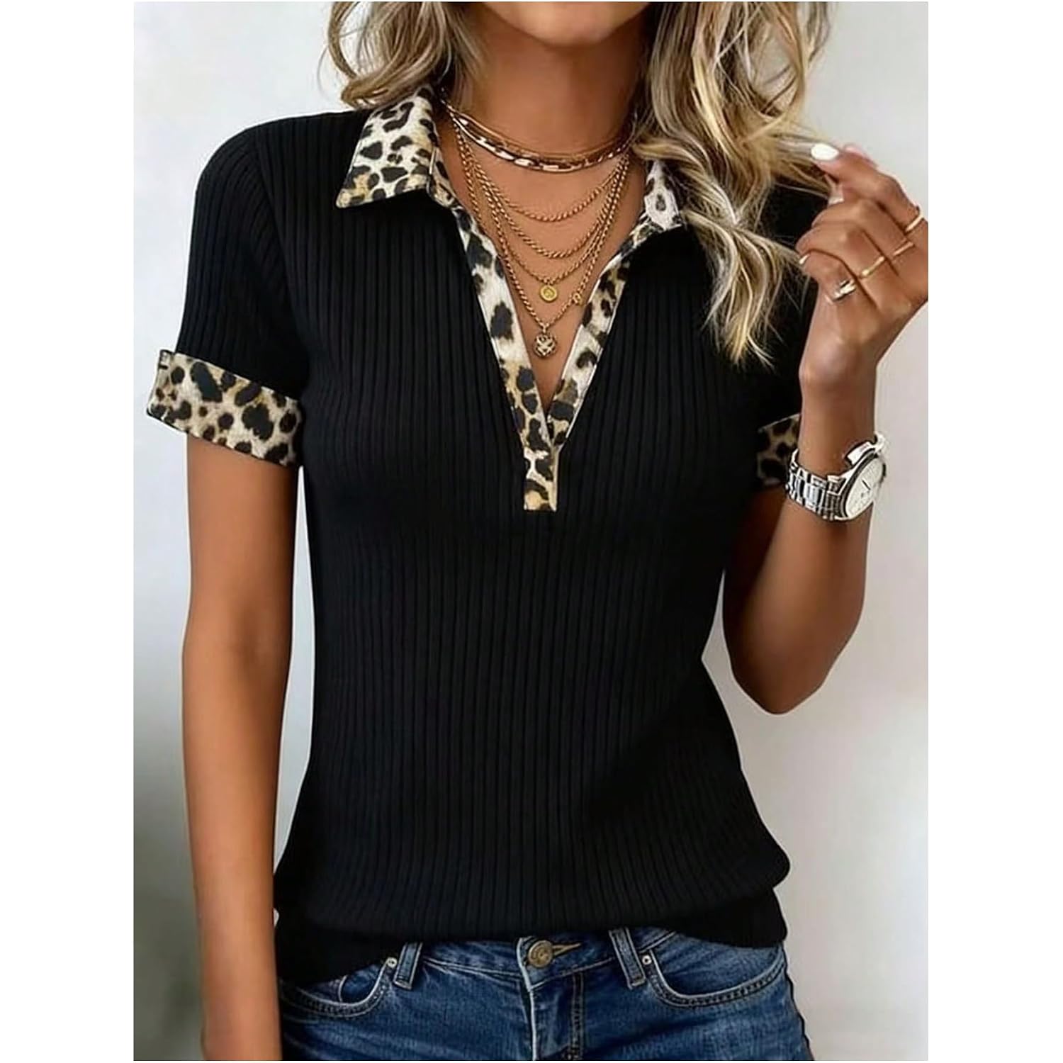 Soly Hux Women'S Leopard T Shirt Collared V Neck Short Sleeve Ribbed Knit Tee Fitted Summer Casual Tops