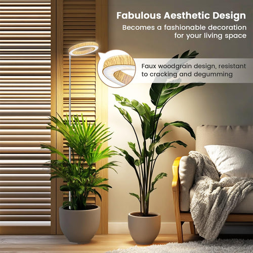 6.3In Grow Lights For Indoor Plants, Full Spectrum Plant Light | Wood Grain Grow Lamp For Tall Plants, Auto Timer & Dimmable Setting, 10-60In Height Adjustable, Stylish Indoor Garden Decor