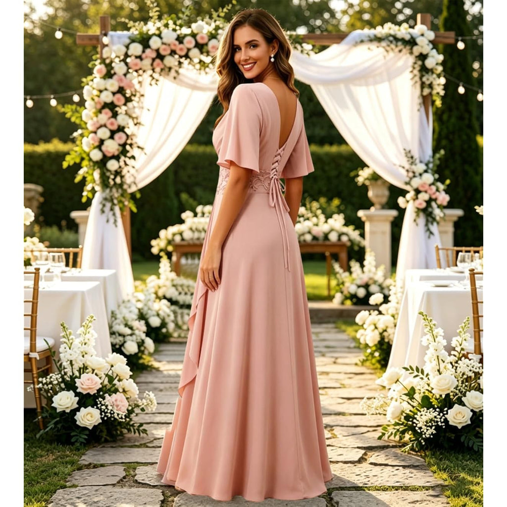 Mother Of The Bride Dresses For Women 2026 Long Chiffon V Neck A Line Lace Appliques Short Sleeves Formal Evening Gown