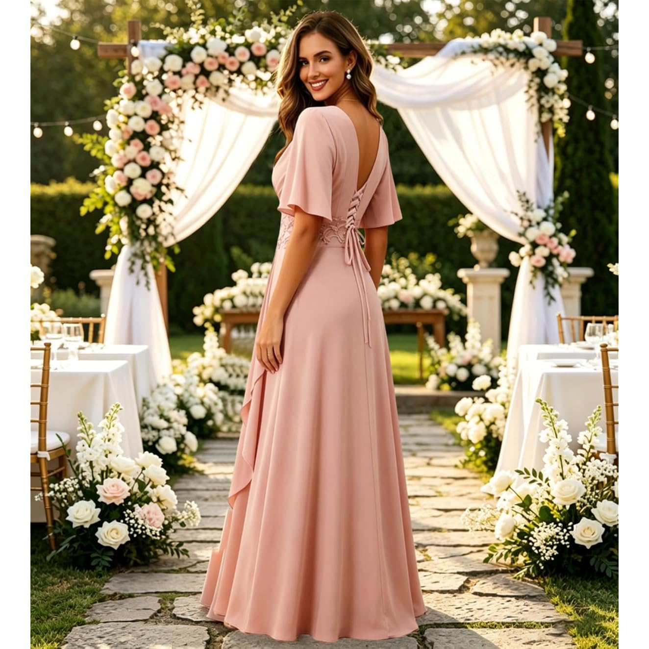 Mother Of The Bride Dresses For Women 2026 Long Chiffon V Neck A Line Lace Appliques Short Sleeves Formal Evening Gown