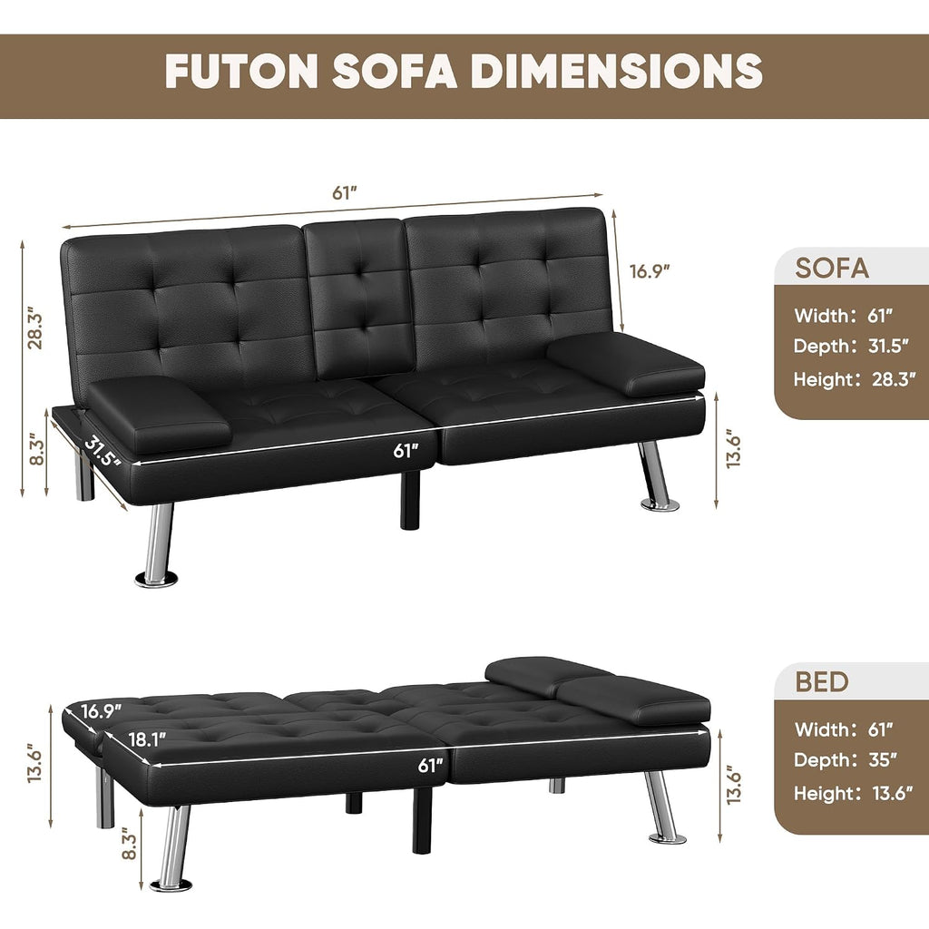 Homall Futon Sofa Bed, Leather Futon Couch With Removable Armrests, Adjustable Recliner Sleeper Sofa Bed With Dual Cup Holders For Living Room, Apartment, Office (Black)