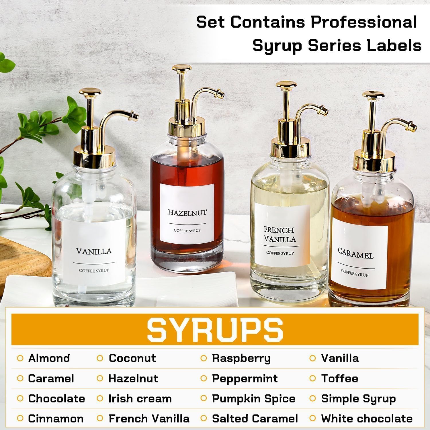 Coffee Bar Accessories,Coffee Syrup Dispenser With Labels For Coffee Bar,Pack Of 4,Total 67.6 Oz (Gold Pump)