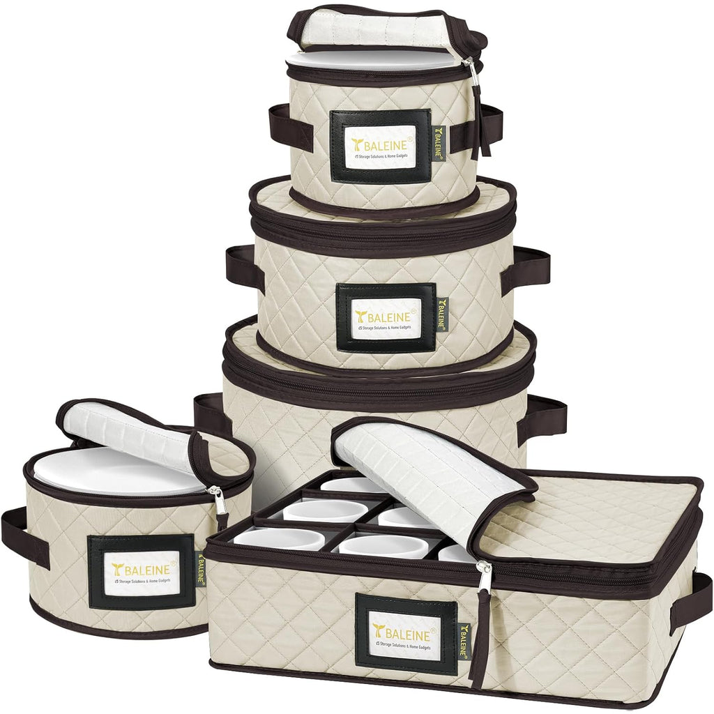 Baleine China Storage Containers, Sturdy Quilted Wine Glass Storage, Plate Organizer With Carry Handles, Moving Boxes For Dishes, Cups, Mugs And Stemware (Plate Mug Combo, Soft Shell Cream)