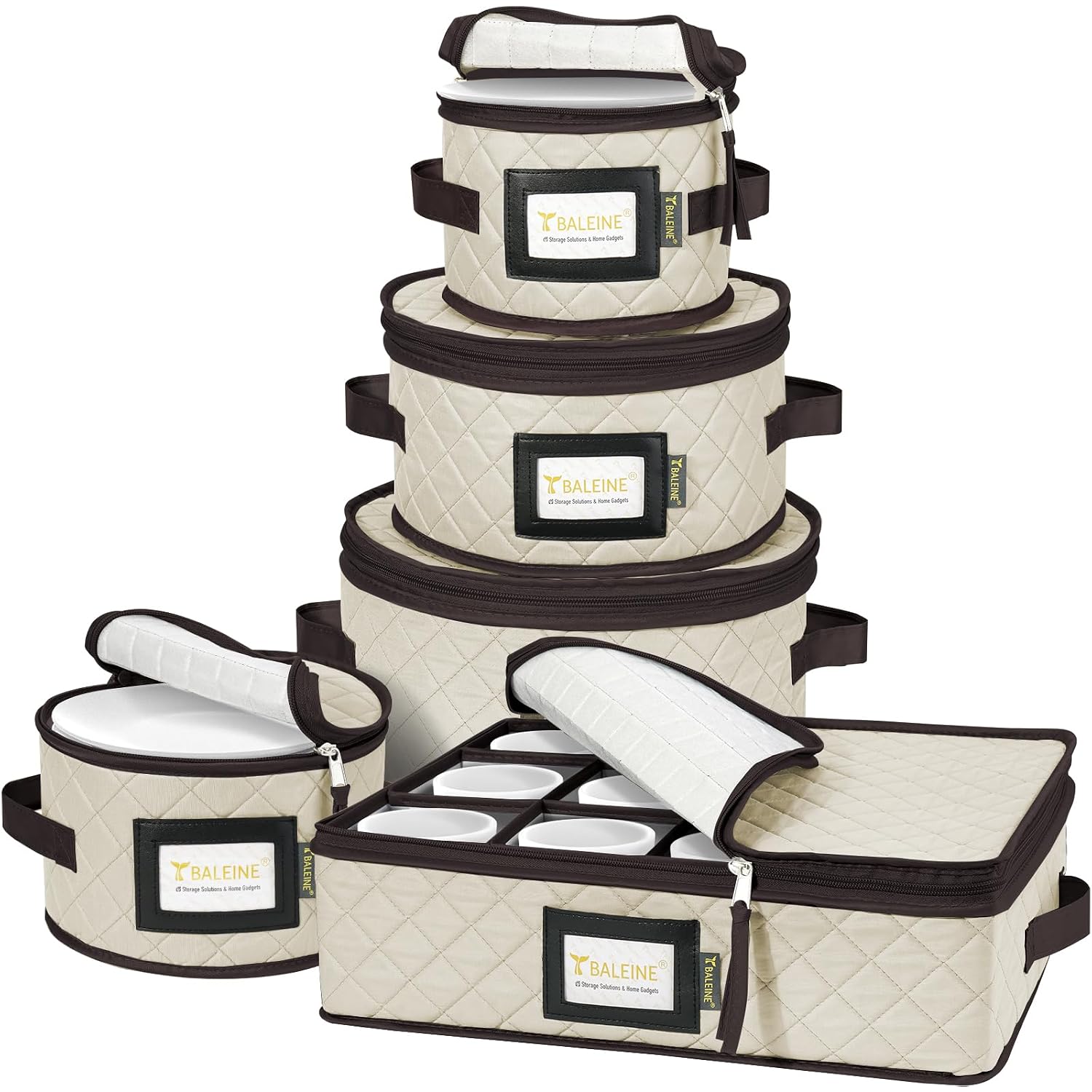 Baleine China Storage Containers, Sturdy Quilted Wine Glass Storage, Plate Organizer With Carry Handles, Moving Boxes For Dishes, Cups, Mugs And Stemware (Plate Mug Combo, Soft Shell Cream)