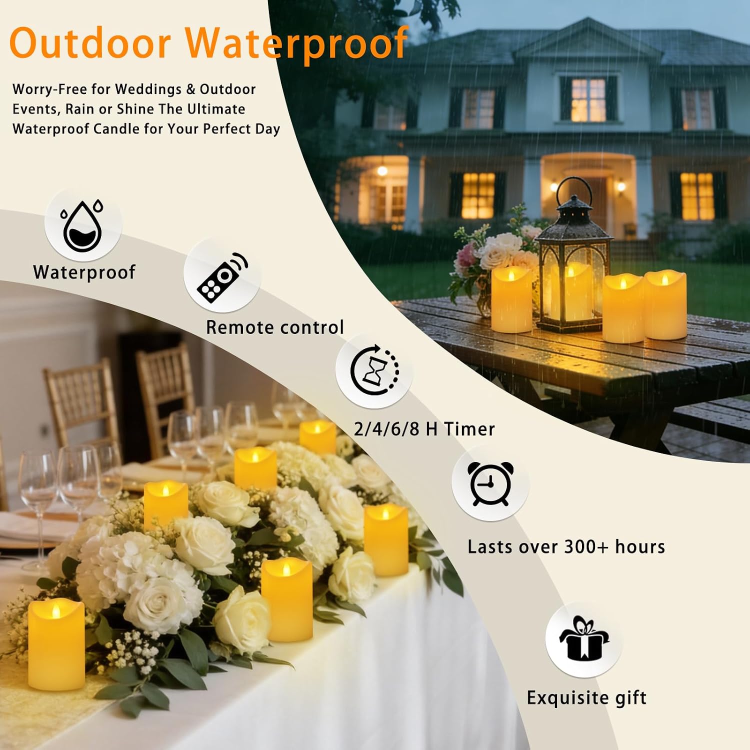 Flameless Candles Set Of 6, Realistic Pillars With Cozy Climbing Flame Effect, Plasic Waterproof Outdoor & Indoor Ambiance With 2 Remotes & Timer For Patio Garden Home Decor (Ivory)