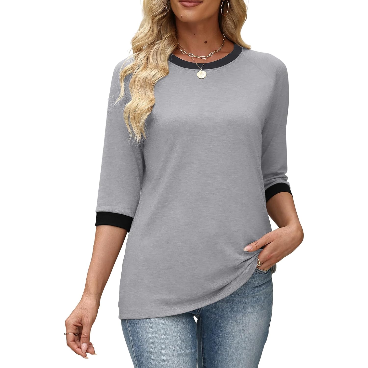 Womens Tops Casual 3/4 Sleeve Shirts Round Neck Tunic Blouses Summer Tees