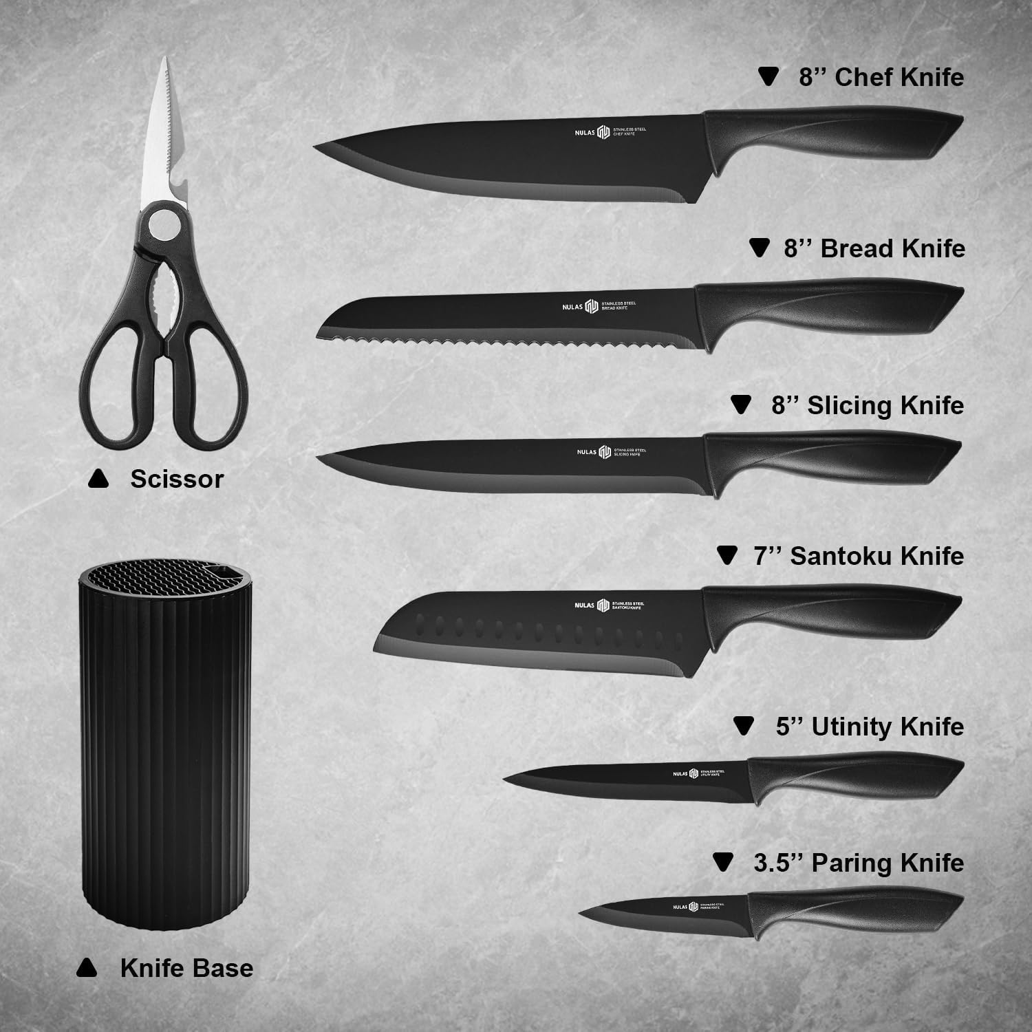 Knife Set, 8-Piece Kitchen Knife Set With Universal Block - Anti-Rust Chef Knives, Ergonomic Design, Dishwasher Safe (Black)