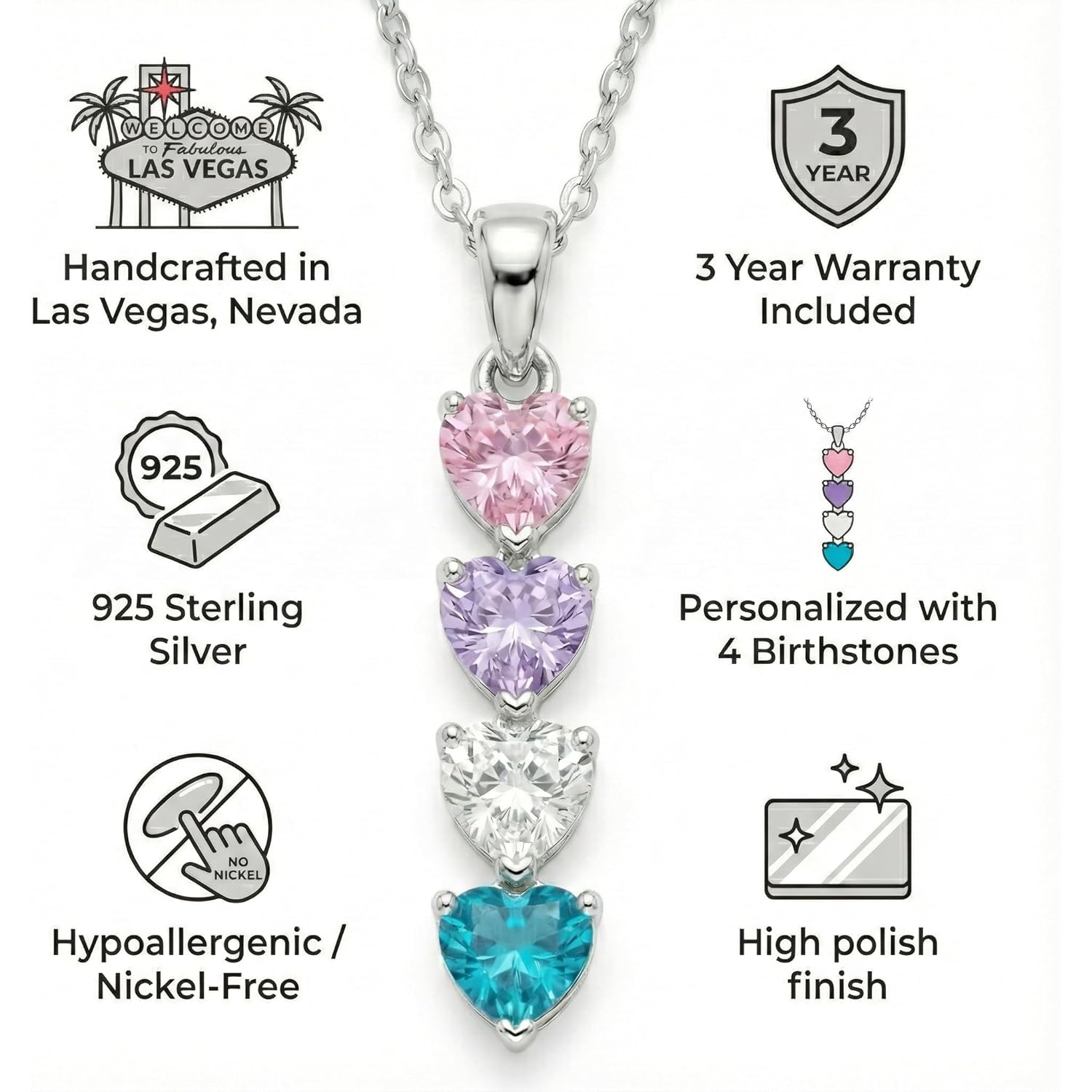 PaulaMax Jewelry Custom Birthstone Necklace for Women in 925 Sterling Silver, Mother's Day Necklace with 1 2 3 4 Heart Birthstones, Personalized and Customized Sterling Silver Chain 18" + 2"