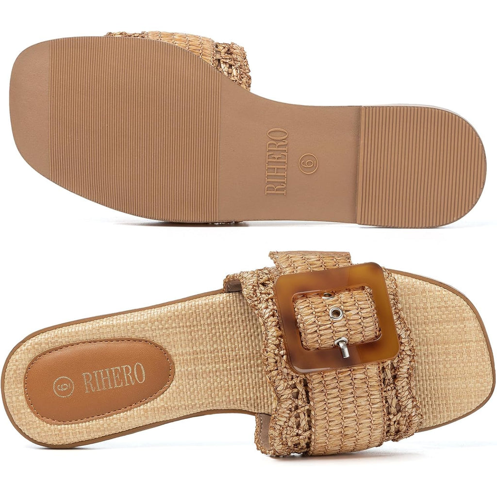 Rihero Women'S Raffia Flat Sandals Square Open Toe Summer Beach Slip On Woven Buckle Slide Sandals
