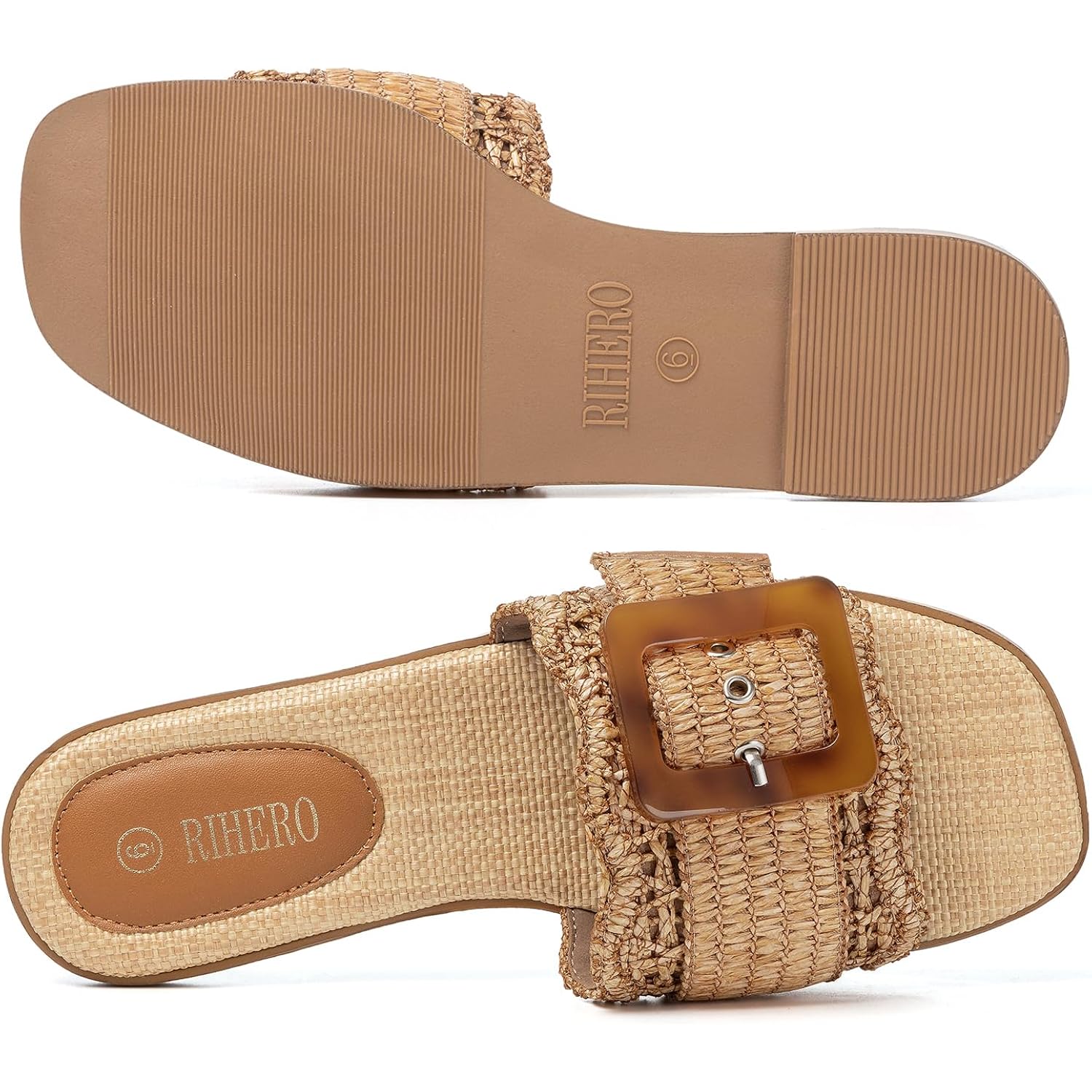 Rihero Women'S Raffia Flat Sandals Square Open Toe Summer Beach Slip On Woven Buckle Slide Sandals